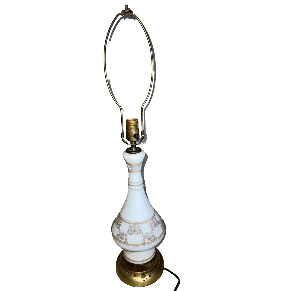 Vintage Leviton Porcelain Lamp Brass Patina White Gold Floral Glamour Style